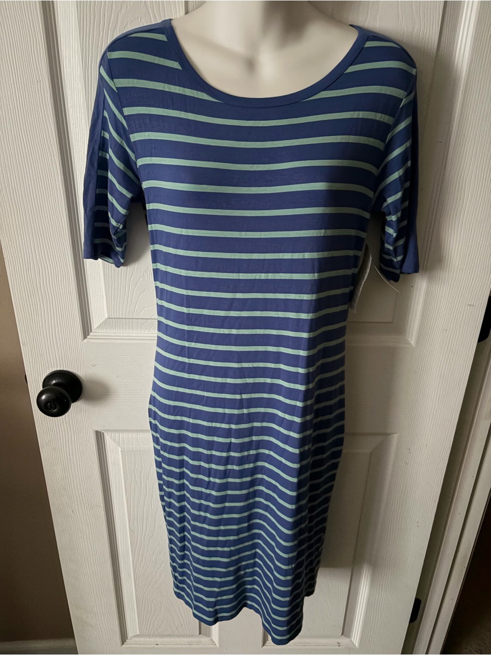 🆕 LuLaRoe Julia Dress Blue / Turquoise Striped women’s Size Small